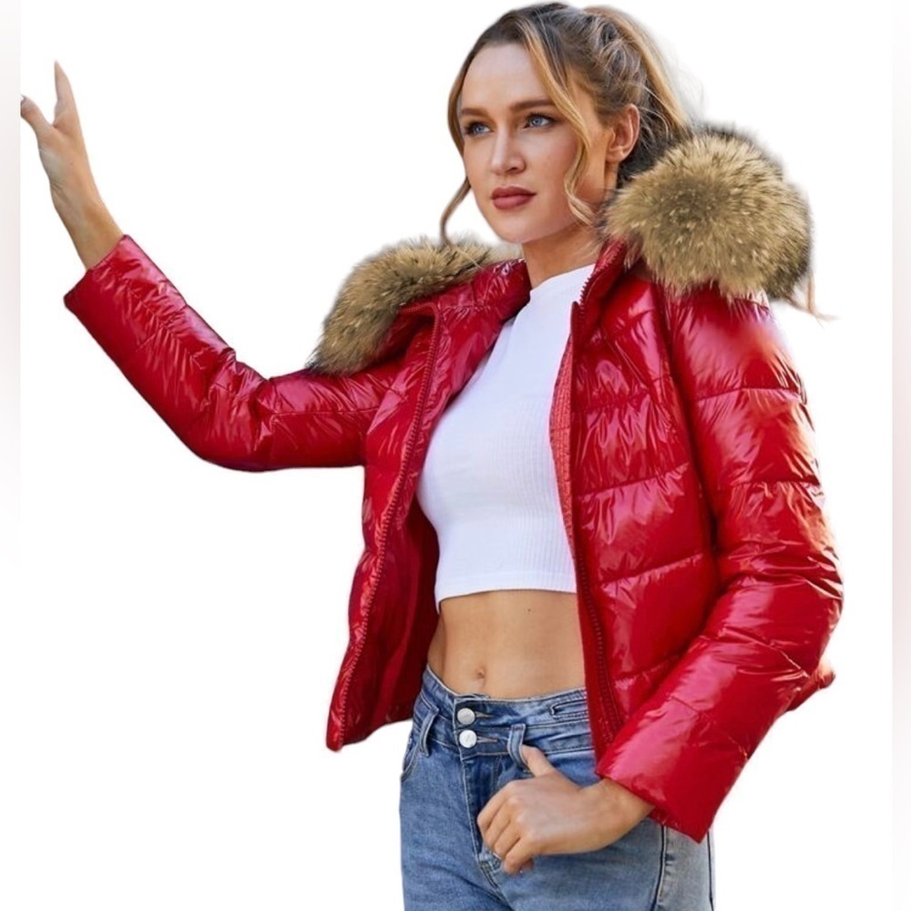 ZIAI Wet Look Red Puffer Hooded Jacket w/ Detachable Faux Fur Trim